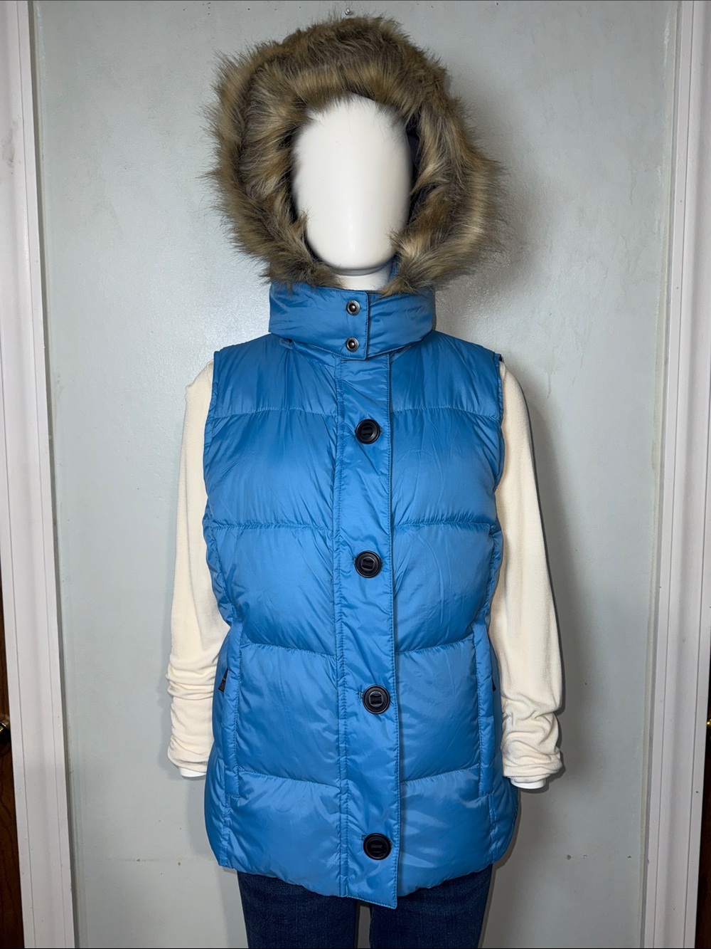 L.L. Bean Blue Puffer Vest Faux Fur Hood GOOSEDOWN Insulated 80% Women Sz M